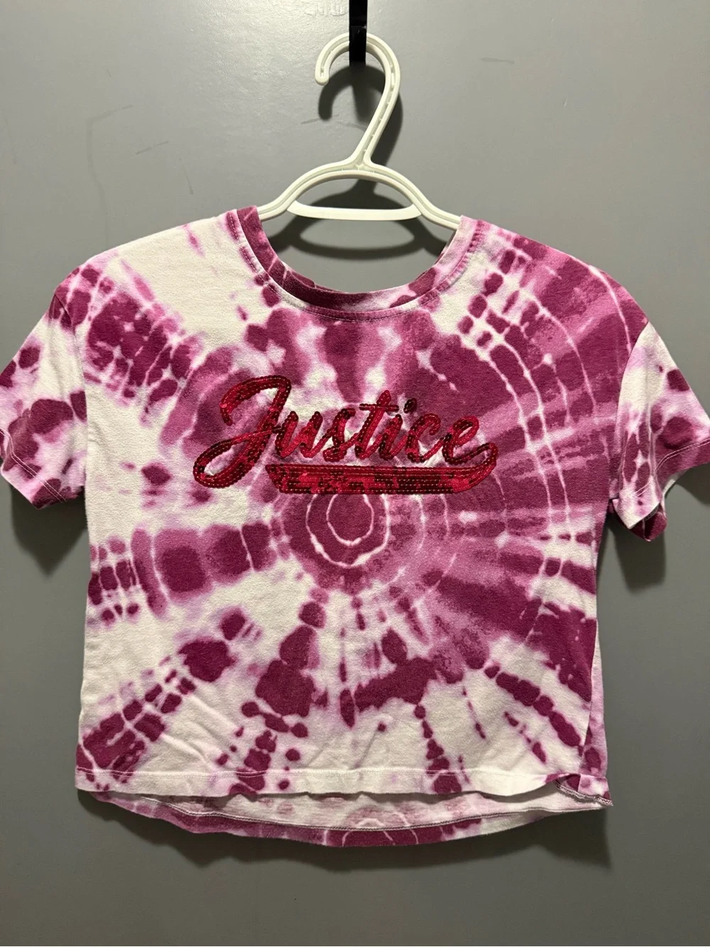 Justice Girls' Magenta Tie-Dye Cropped Tee with Sequin Logo